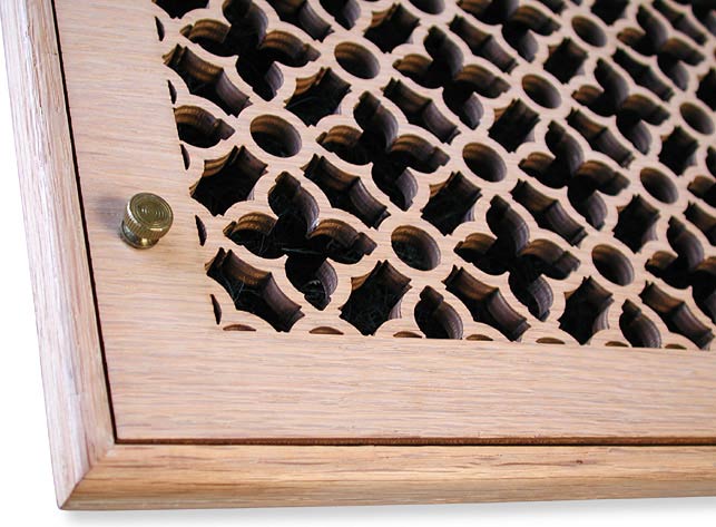 cold air return with filter with attached oak faceplate corner closeup